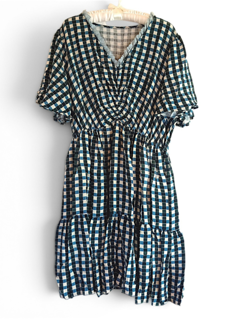 Gingham Check Dress Blue Green plaid cottagecore prairie Western ruffled tiered - Picture 1 of 12